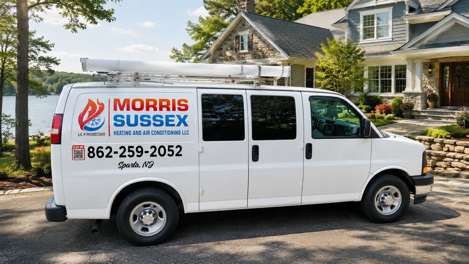 hvac repair sparta nj Morris Sussex Heating and Air Conditioning van at a lakefront home in Sparta NJ